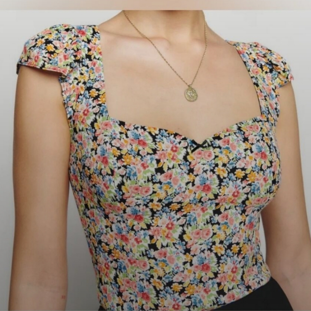 NWT Reformation Pink and Yellow Cap Sleeve Fitted Blouse